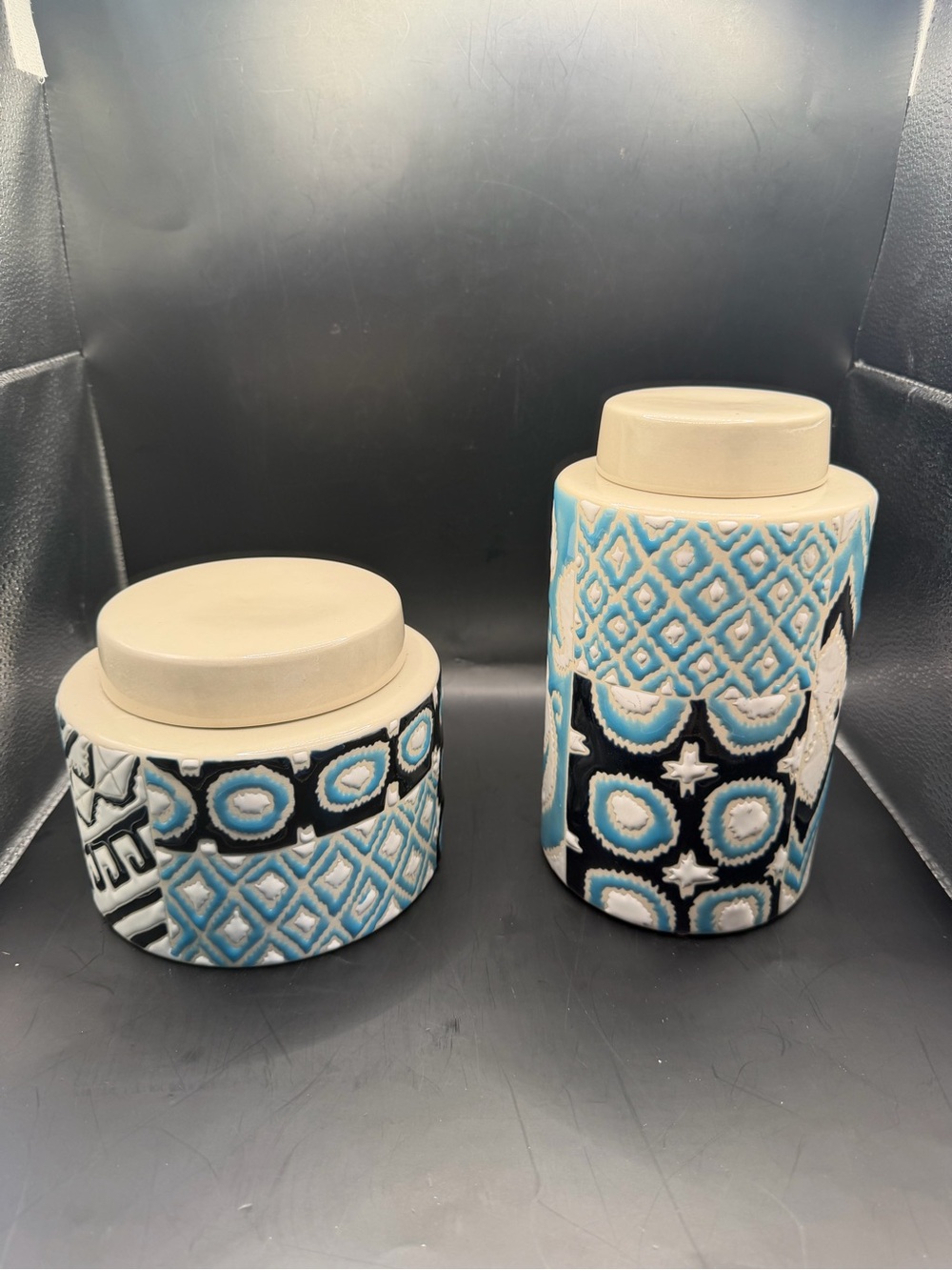 Interlude Home Set of 2 Decorative Tea Jars Blue Black White Ceramic Canisters